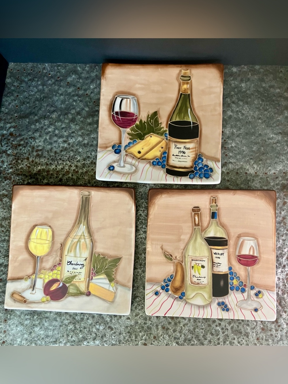 Set of 3 Cheryl Rosa for Henriksen Imports Ceramic Wine Wall Plates Plaque 8”